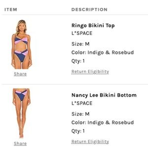 L Space Bikini - Ringo Top and Nancy Lee Bottom. Size M